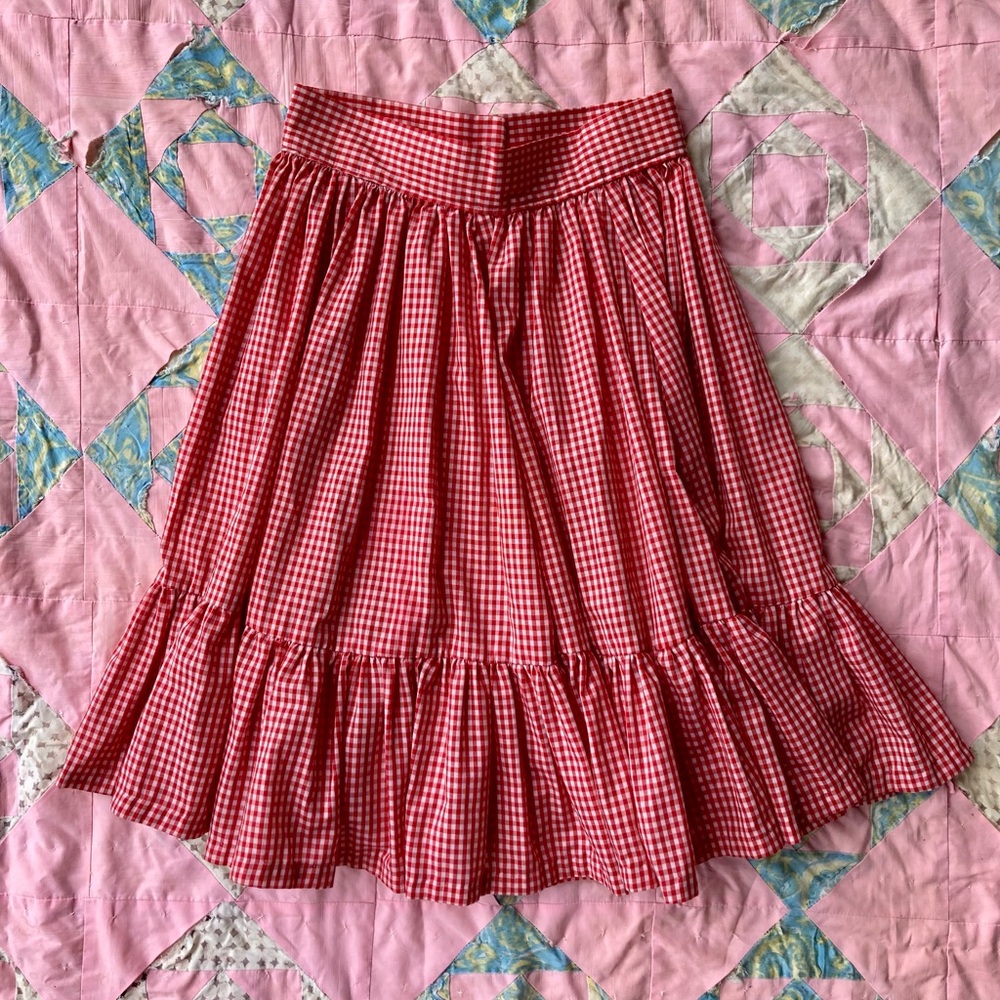 Vintage Red Gingham Western Ruffle A-Line Skirt S